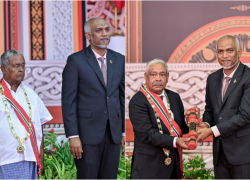 President Confers Order of the Distinguished Rule of Izzuddin on Tourism Pioneers Champa Hussain Afeef and Champa Mohamed Moosa