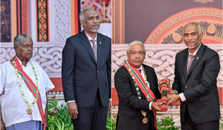 President Confers Order of the Distinguished Rule of Izzuddin on Tourism Pioneers Champa Hussain Afeef and Champa Mohamed Moosa